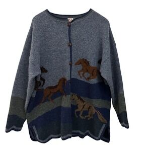 PBJ Sport Horse Cardigan Women XL Blue 100% Wool Vintage Intarsia Sweater Scenic